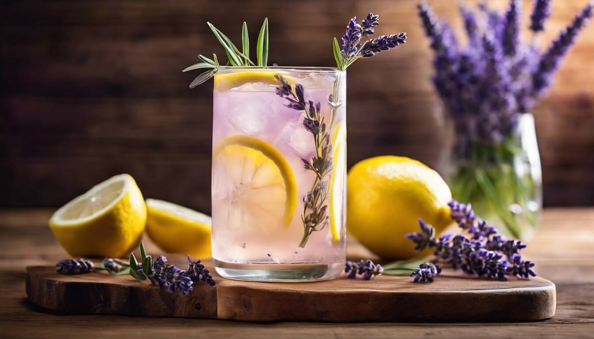 Sklenice s osvěžující domácí limonádou, ledem, plátky citrusů a čerstvými bylinkami.